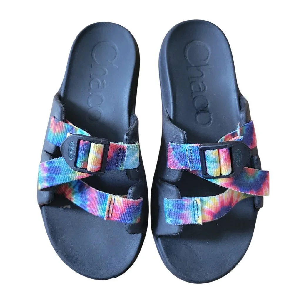 Chaco Youth Summer Rainbow Tie‎ Dye Slide Sandals 4 CHILLOS